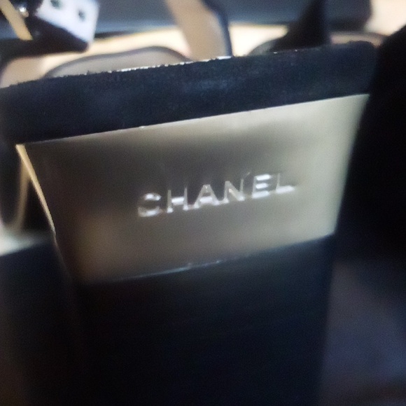 Chanel Cambon sling back shoes 37.5 = 7.5 USA black w/ blk patent toe - Picture 12 of 16